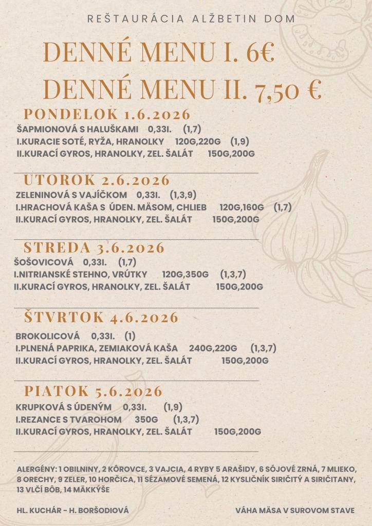 Jedálny lístok 1.6.-5.6.2026