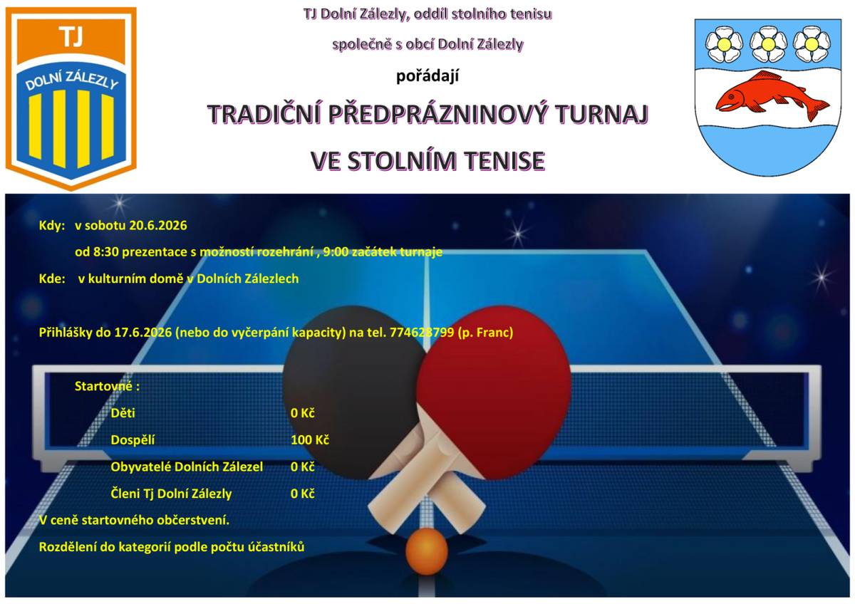 TJ Dolní Zálezly, oddíl stolního tenisu, společně s obcí Dolní Zálezly zve všechny příznivce sportu na tradiční předprázdninový turnaj ve stolním tenise. Turnaj se uskuteční v sobotu 20. června v kulturním domě a zapojit se mohou hráči všech věkových kategorií.