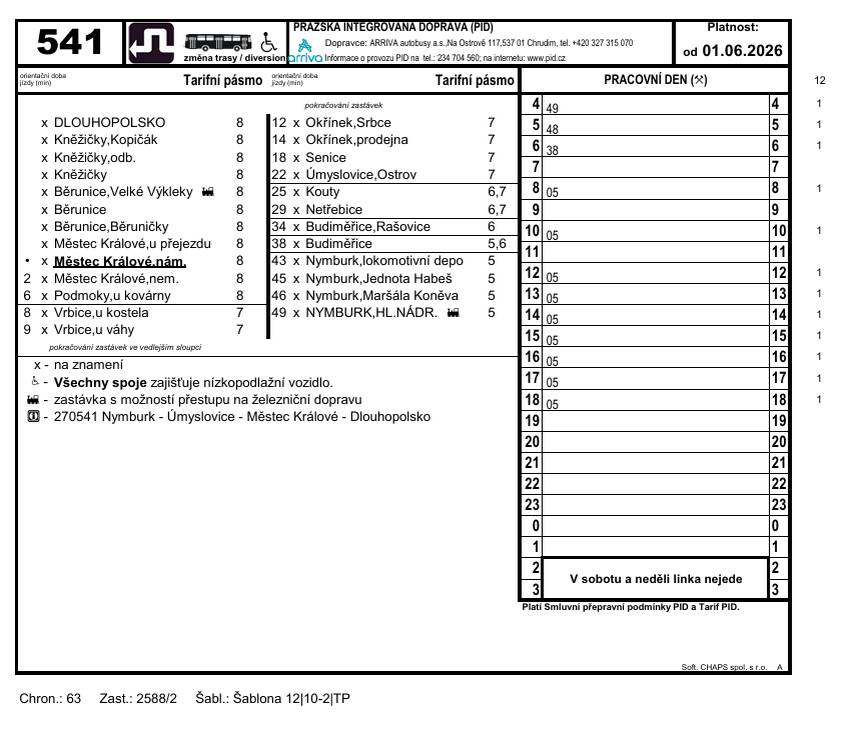 •Výluka Nymburk, Poděbradská – probíhá do 31.07.2026 23:59  •Výluka Úmyslovice – začíná 01.06.2026 04:00, probíhá do 31.08.2026 23:59