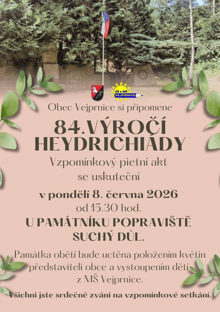 Obec Vejprnice si připomene 84. výročí Heydrichiády, které se uskuteční 8.6.2026 od 15:30 hodin u památníku popraviště Suchý důl.