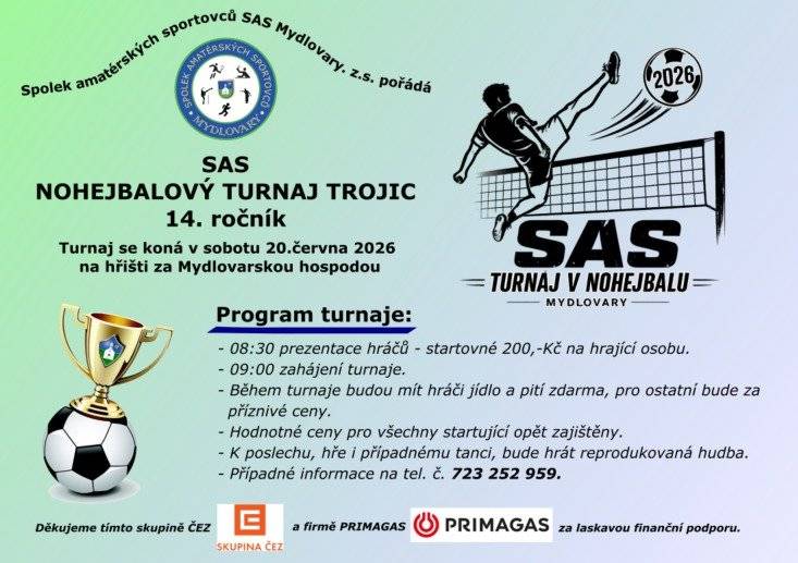 Spolek amatérských sportovců Mydlovary pořádá již 14. ročník nohejbalového turnaje v Mydlovarech. Turnaj se koná v sobotu 20. června na hřišti za hospodou. Prezentace hráčů od 8,30 hod., startovné 200 Kč. Občerstvení zajištěno.