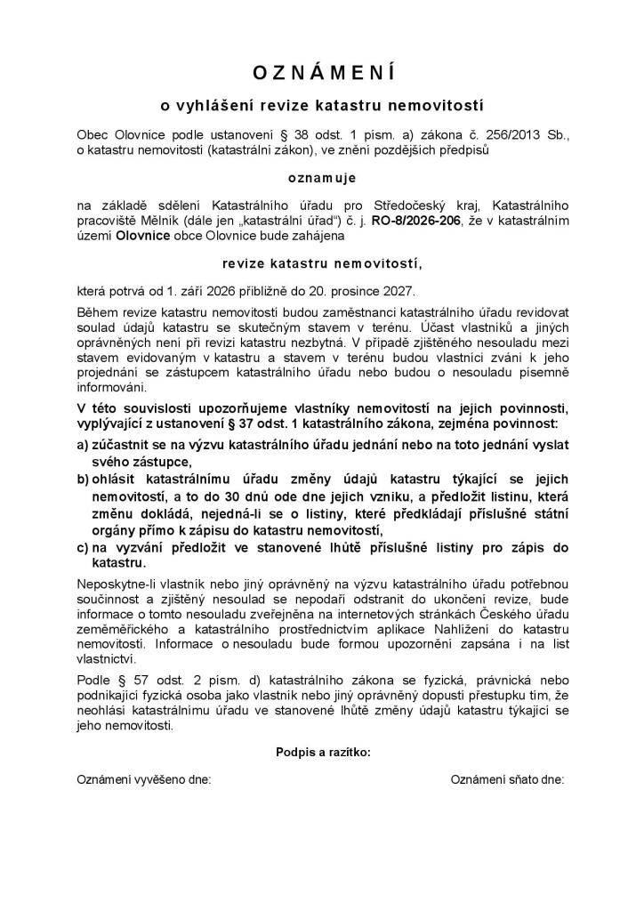 Vážení občané, v příloze naleznete informaci o revizi z katastru nemovitostí