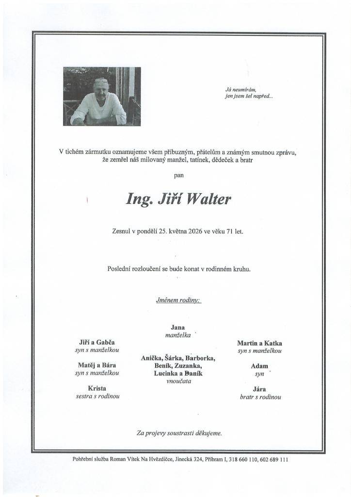 Vážení spoluobčané,  velmi mne překvapila zpráva, že již není mezi námi pan Jiří Walter.