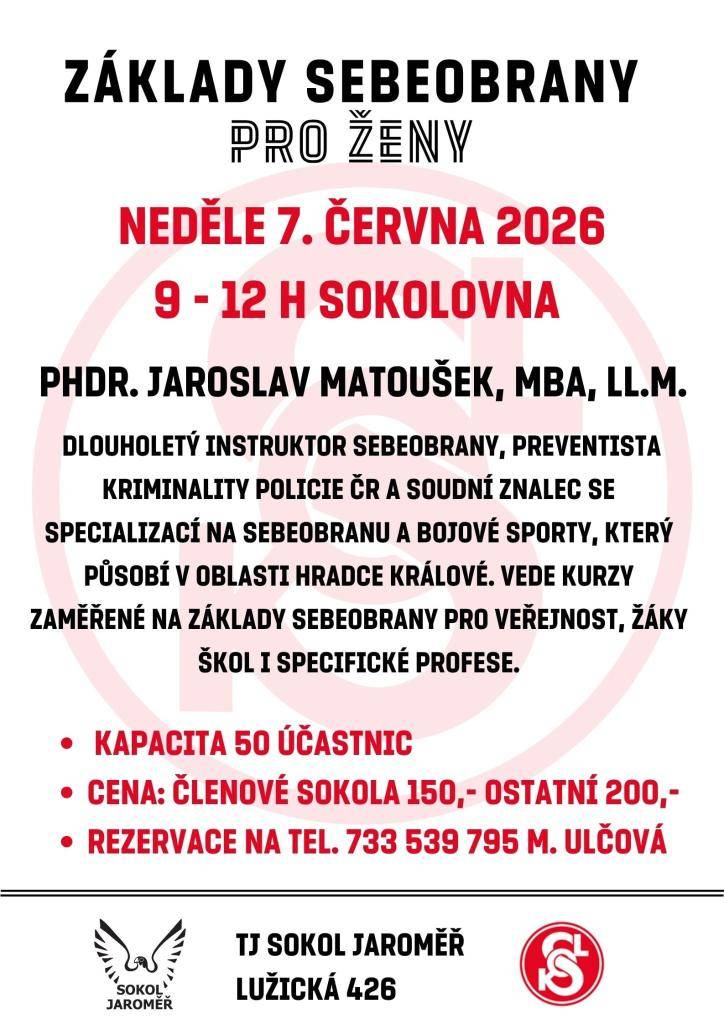 Zveme Vás na kurz Základy sebeobrany pro ženy. Kurz povede PhDr. Jaroslav Matoušek, MBA, LL.M., dlouholetý instruktor sebeobrany a preventista kriminality Policie ČR.
