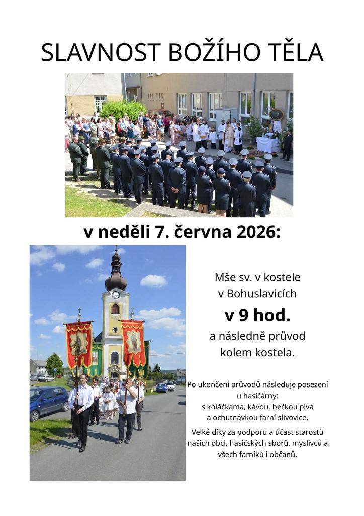 v neděli 7. června 2026 od 9:00  Místo: kostel v Bohuslavicích