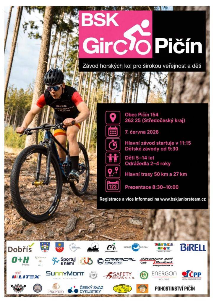 Závod horských kol BSK GIRO Pičín je určený pro děti od 2 let, pro širokou veřejnost až po ostřílené bajkery na hlavní trase závodu 50 km.