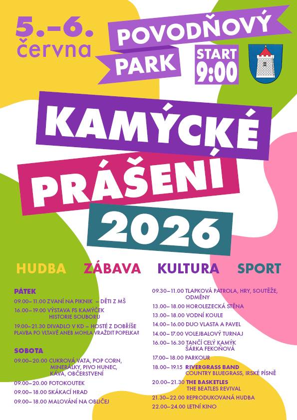 Obec Kamýk nad Vltavou si Vás srdečně dovoluje pozvat na bohatý program Kamýckého prášení 2026, které se koná v pátek 5. a v sobotu 6. června v Povodňovém parku. Program bude v sobotu večer zakončen koncerty a promítáním letního kina.