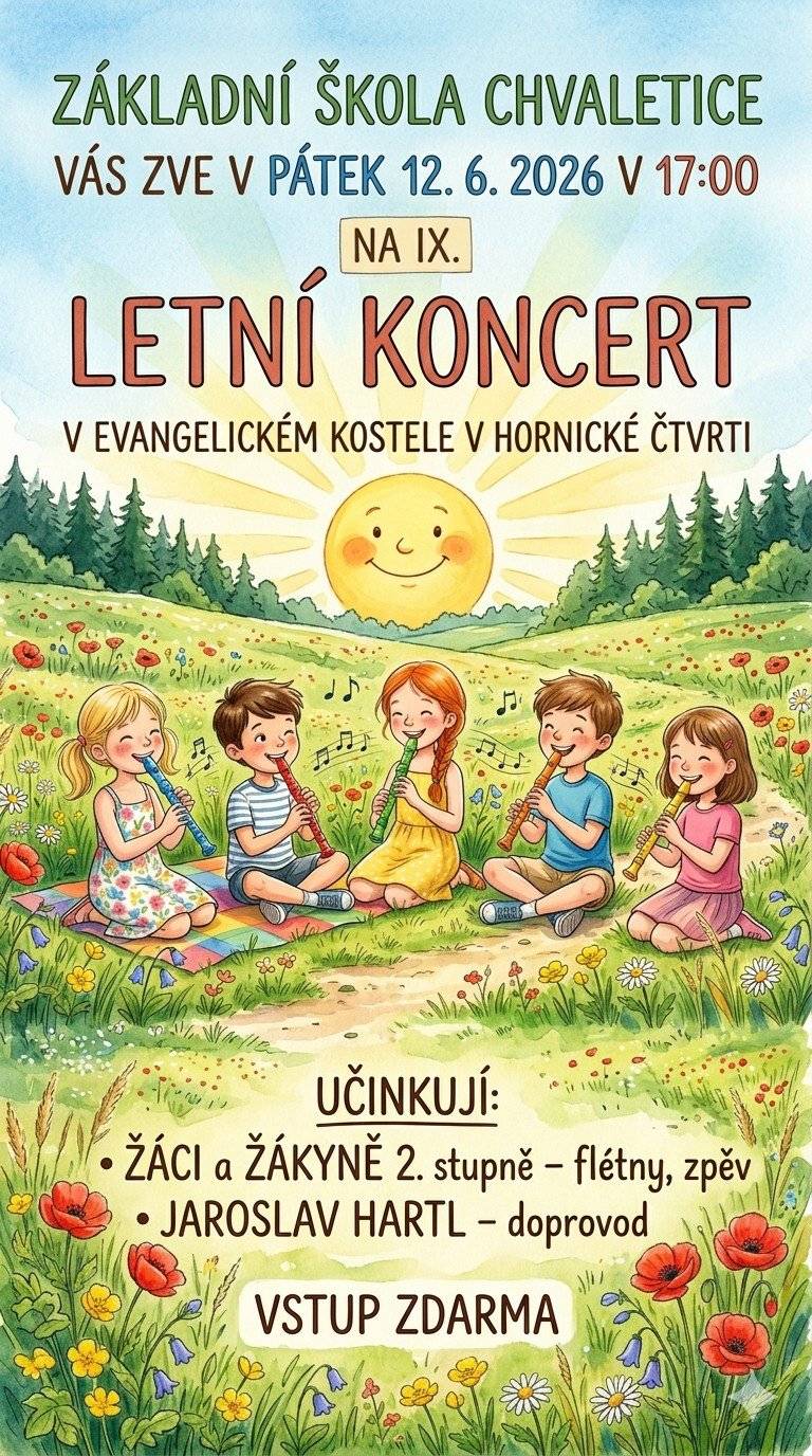 Letní koncert žáků ZŠ Chvaletice v pátek 12.6.2026 od 17:00 hodin.