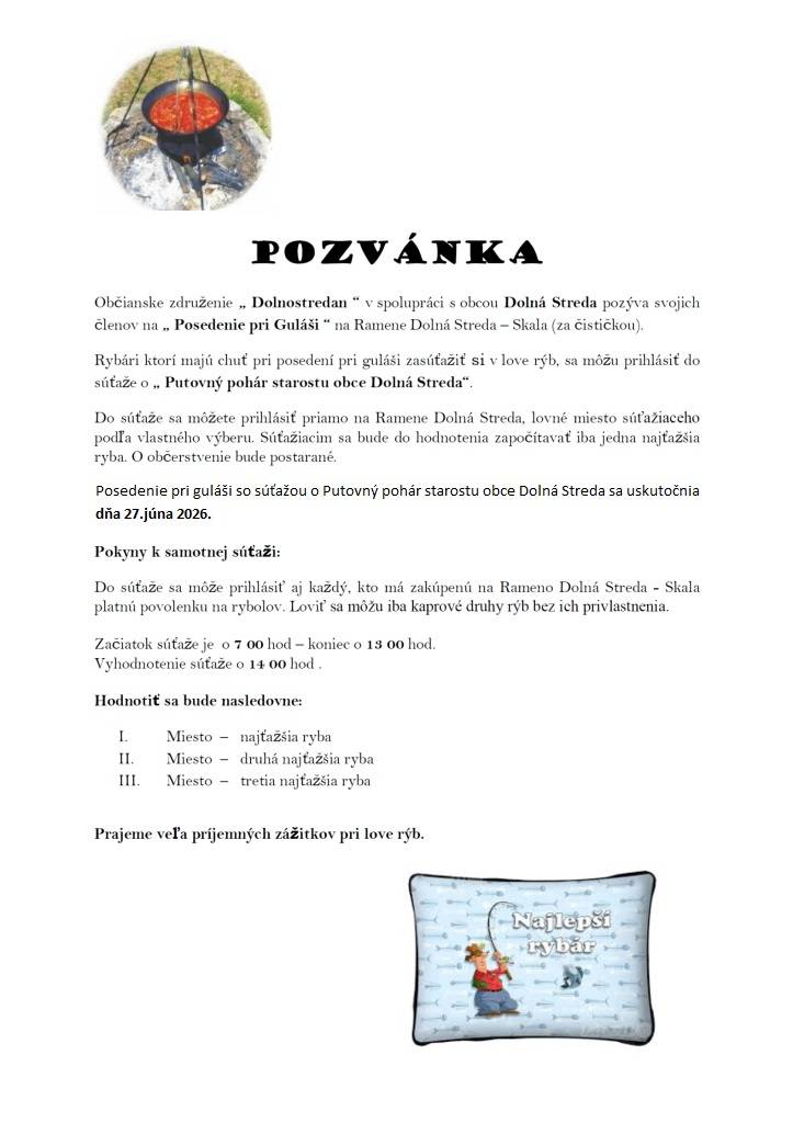 Pozvánka na posedenie pri guláši so súťažou o Putovný pohár starostu obce Dolná Streda