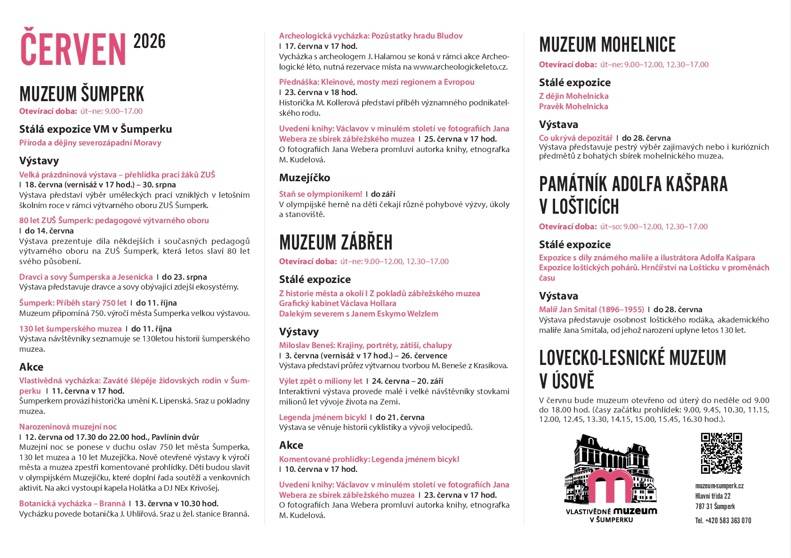> Vlastivědné Muzeum v Šumperku představuje program na červen 2026  > Muzeum Šumperk  > Muzeum Zábřeh  > Muzeum Mohelnice   > Památník Adolfa Kašpara v Lošticích  > Lovecko-lesnické Muzeum v Úsově