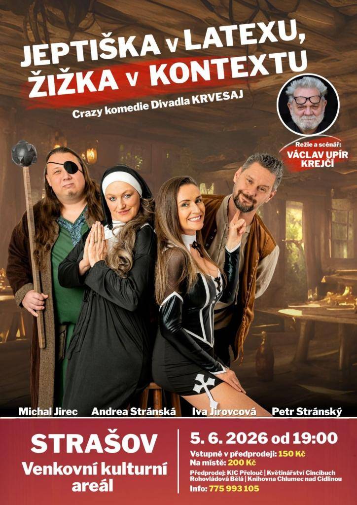 Obec Strašov Vás srdečně zve na divadelní představení Jeptiška v latexu, Žižka v kontextu a Moje žena je šílená, které se uskuteční 5. a 21. června 2026.