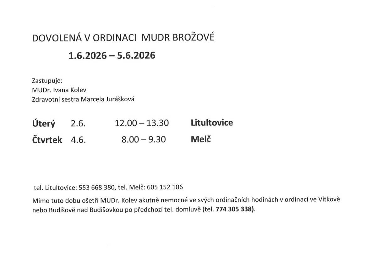 Dovolená v ordinaci MUDr. Brožové ve dnech 01.06.2026 - 05.06.2026. Zastupuje MUDr. Ivana Kolev.