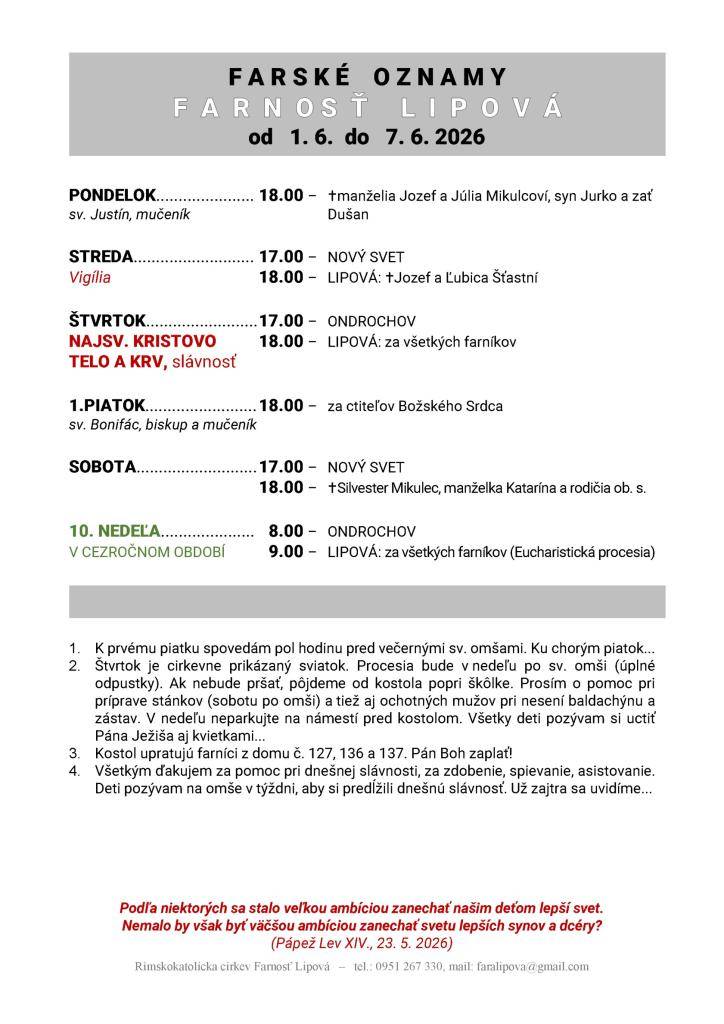 Poriadok bohoslužieb od 01.06. do 07.06.2026