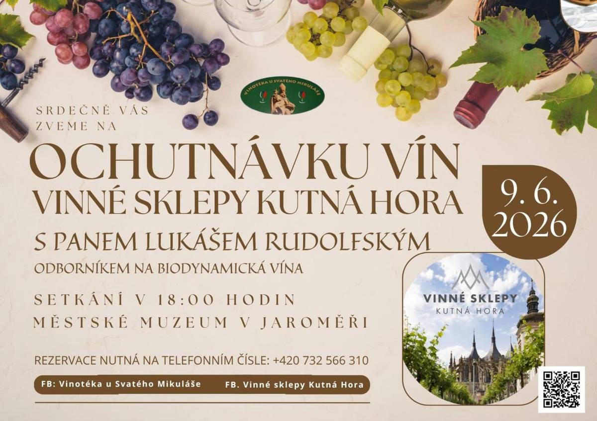 Zveme Vás na ochutnávku vín, která se koná v Městském muzeu v Jaroměři. Večerem nás provede odborník na biodynamická vína Lukáš Rudolfský. Těšíme se na Vaši účast.
