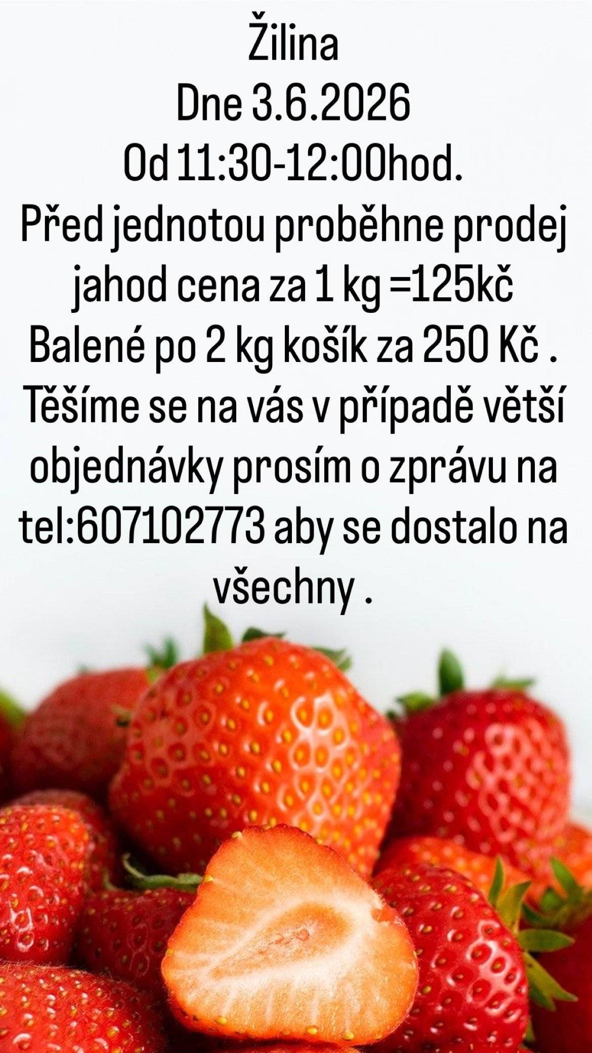 ve středu 3. 6. 2026 od 11:30-12:00 hod. před obchodem Jednoty v Žilině. Info na tel. 607 102 773
