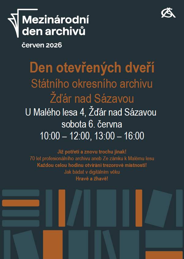 Den otevřených dveří Státního okresního archivu Žďár nad Sázavou U Malého lesa 4 Sobota 6. června 2026 10:00 - 12:00, 13:00 - 16:00