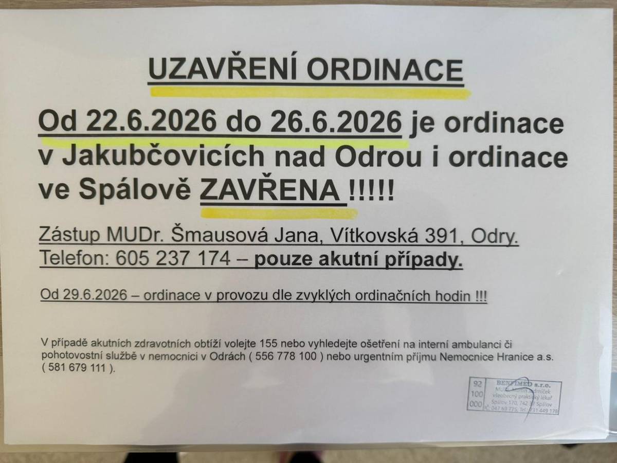 Od 22.6.2026 do 26.6.2026 bude ordinace v Jakubčovicích nad Odrou i ordinace ve Spálově UZAVŘENA. Zástup MUDr. Jana Šmasouvá.
