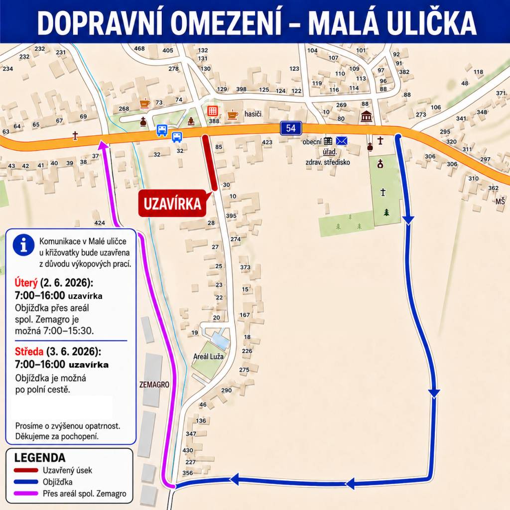 Dnes (1.6.) je již úsek zprůjezdněn.  V úterý 2. 6. bude uzavírka od cca 7:00 do 16:00 hodin - od 7:00 do 15:30 hod. je možná objížďka přes areál spol. Zemagro pro osobní automobily.  Ve středu 3. 6. bude uzavírka od cca 7:00 do 16:00 hodin  Objížďka je možná přes polní cestu.