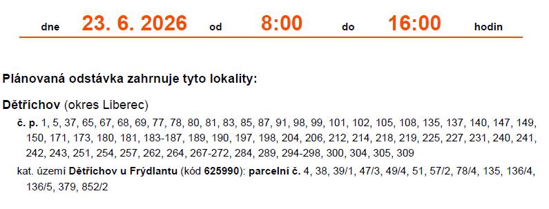 UPOZORNĚNÍ na odstávku elektřiny dne 23.6.2026 od 8:00 do 16:00 hod lokality viz níže