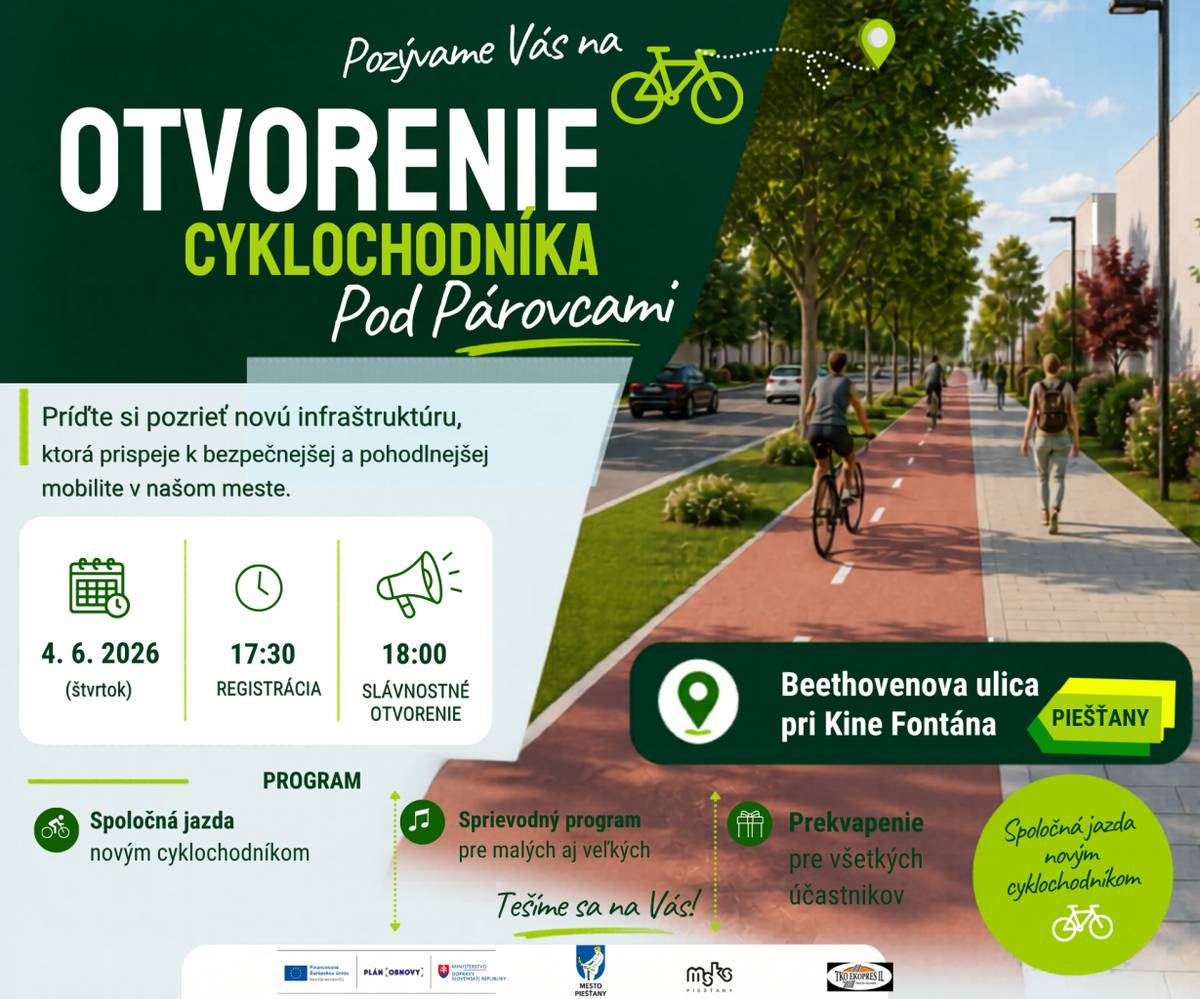 Piešťany budú v prvom júnovom týždni patriť cyklistom. Mesto pripravilo slávnostné otvorenie nového cyklochodníka Pod Párovcami a podporí aj tradičné podujatie Raňajky pre cyklistov, ktoré organizuje Slovenský Cykloklub.