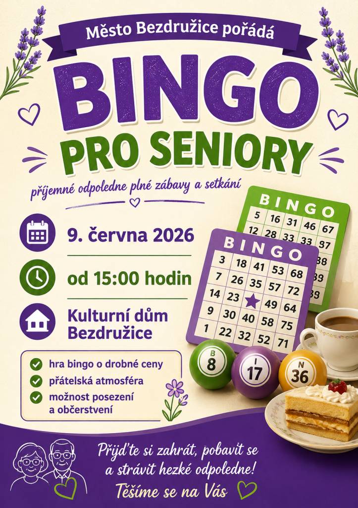 Zveme seniory na setkání, které se koná 9. června 2026 od 15:00 hodin v Kulturním domě v Bezdružicích.