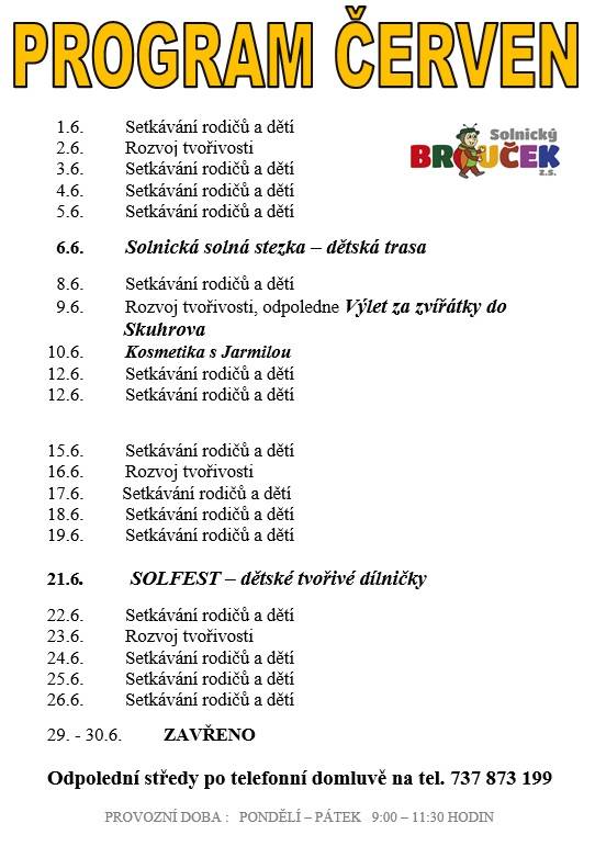 Solnický Brouček představuje svůj program na měsíc červen 2026.