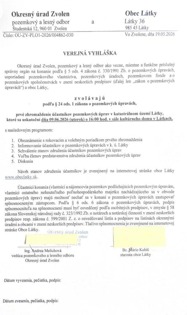 Pozvánka na prvé zhromaždenie účastníkov pozemkových úprav v obci Látky, ktoré sa uskutoční 9. júna 2026 o 16:00 hod.