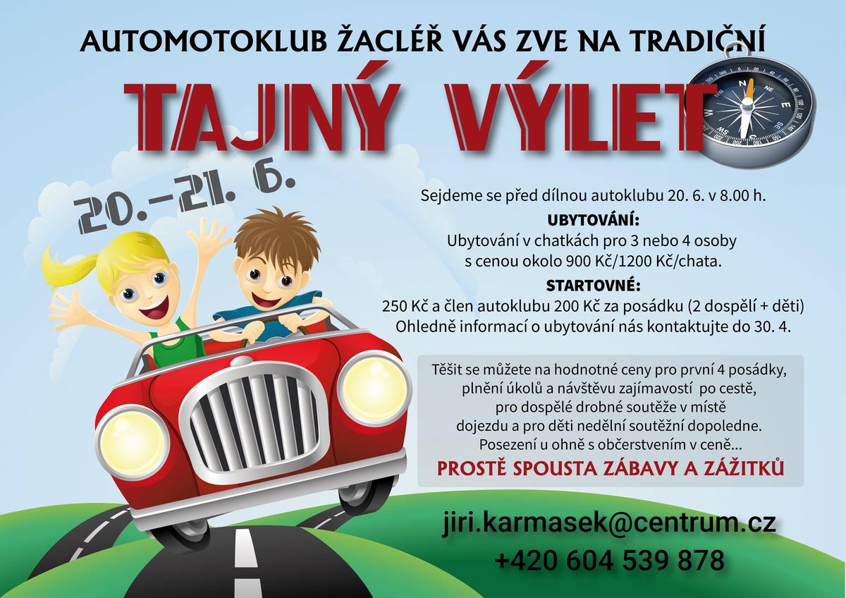 Automotoklub Žacléř vás zve na tradiční TAJNÝ VÝLET ve dnech 20. - 21. června 2026. Těšit se můžete na spoustu zábavy a zážitků, hodnotné ceny pro první 4 posádky i večerní posezení s občerstvením u ohně.