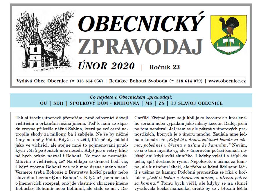 Obecnický zpravodaj únor 2020
