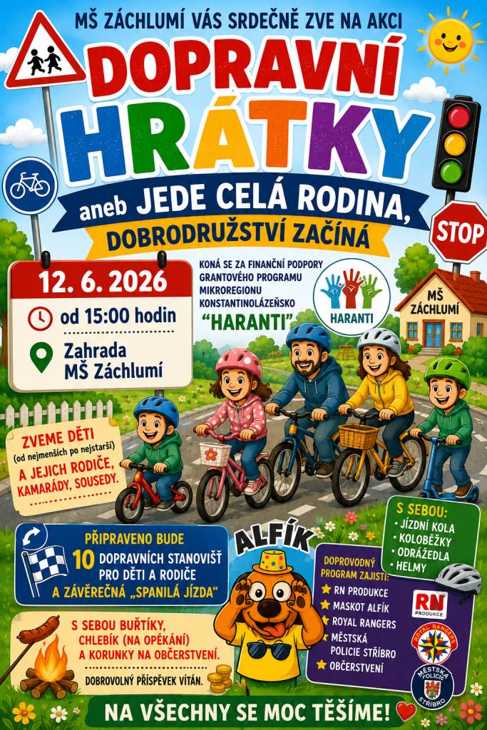 Srdečně zveme do Záchlumí-Dopravní hrátky aneb Jede celá rodina  Dne 12.6.2026 od 15:00 hodin MŠ Záchlumí