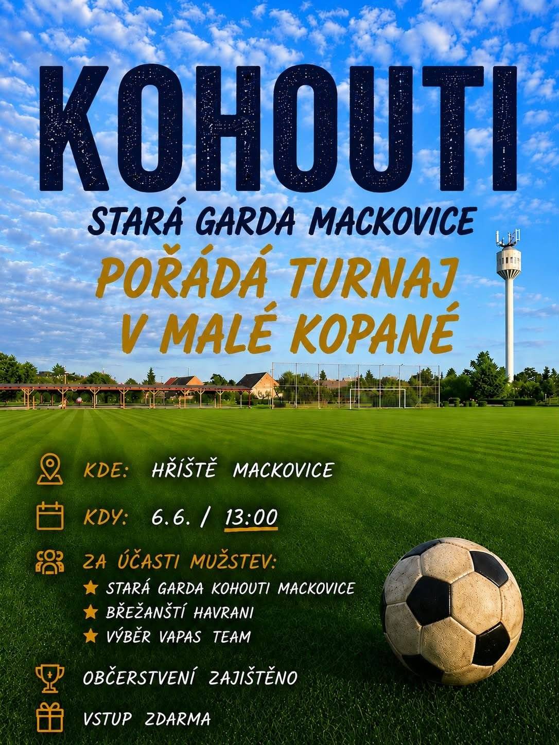 STARÁ GARDA MACKOVICE POŘÁDÁ TURNAJ V MALÉ KOPANÉ v sobotu 6.6.2026 od 13:00 na hřišti v Mackovicích, vstup zdarma, občerstvení zajištěno.