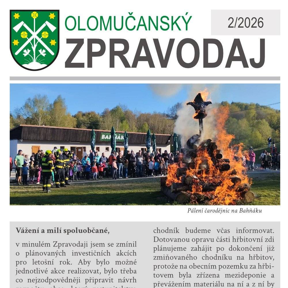 Letní číslo olomučanského zpravodaje je k přečtení na stránkách obce. Tištěná verze bude v následujících týdnech roznesena do vašich domovů. https://www.olomucany.cz/2026/06/zpravodaj-02-2026/