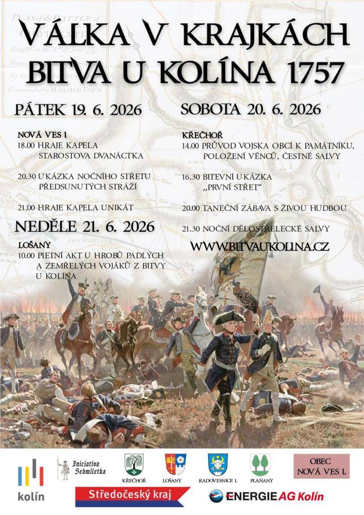 Srdečně vás zveme na událost Válka v krajkách – Bitva u Kolína 1757, která proběhne v sobotu 20. 6. 2026 v Křečhoři ⚔️ Více informací na přiloženém plakátu.