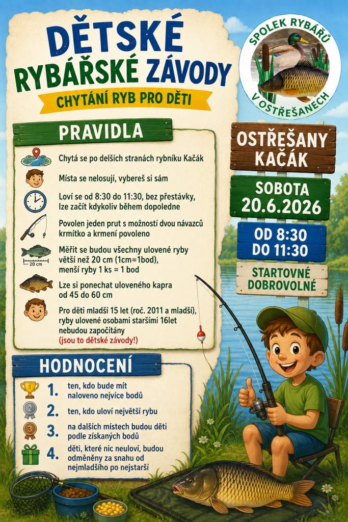 Milé děti, vážení rodiče,   Spolek rybářů v Ostřešanech Vás srdečně zve na dětské rybářské závody na rybníku Kačák.