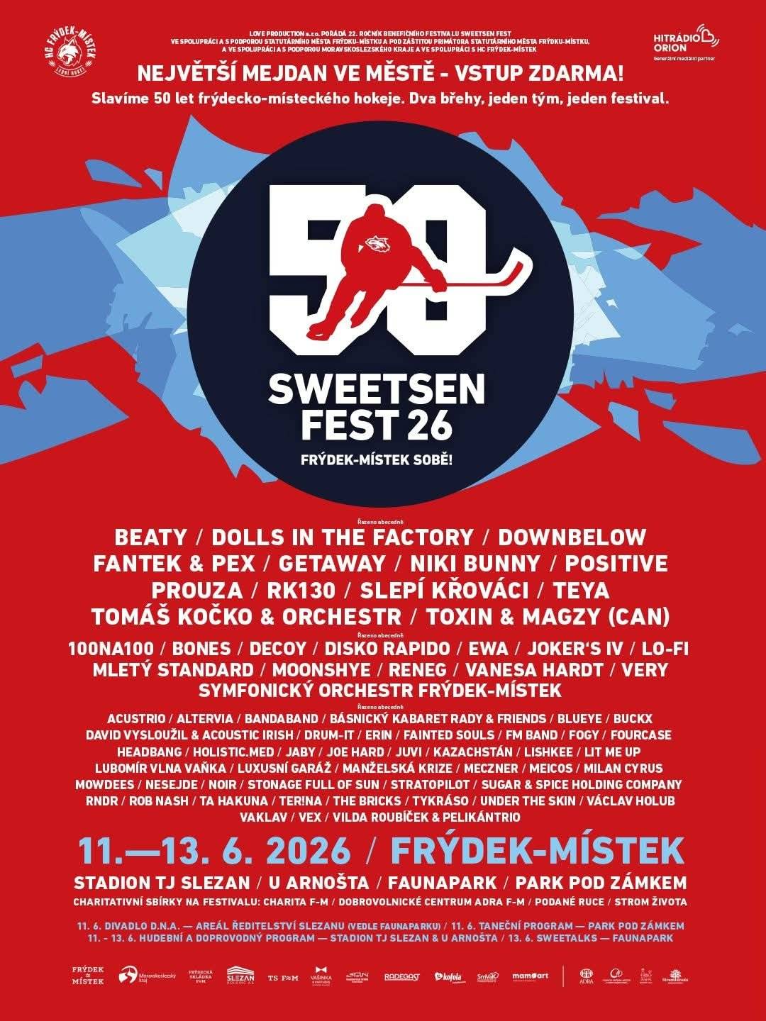 Již za několik dní se ve městě naplno rozjede letní festivalová sezona. Už ve čtvrtek 11. června odstartuje 22. ročník Sweetsen festu, největšího benefičního festivalu ve Frýdku-Místku, plného hudby, divadla, tance a přednášek . SWEETSEN FEST JE ZA DVEŘMI. LETOS PŘIPOMENE I 50 LET FRÝDECKO-MÍSTECKÉHO HOKEJE | Frýdek-Místek