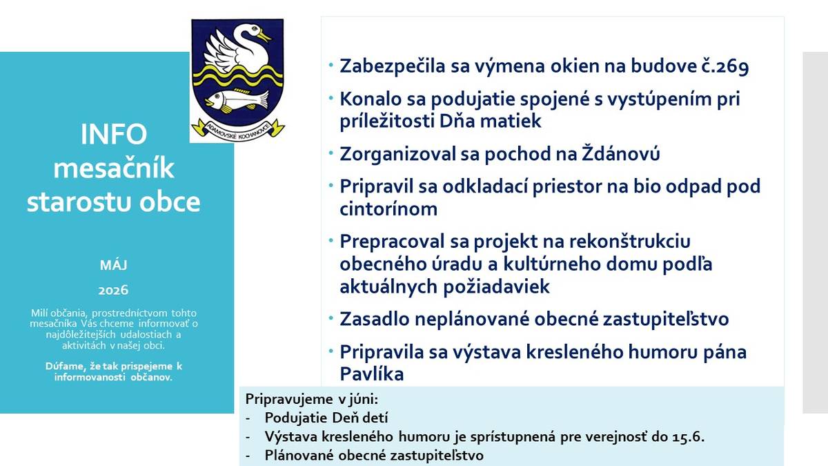 Info mesačník starostu obce na mesiac máj 2026.