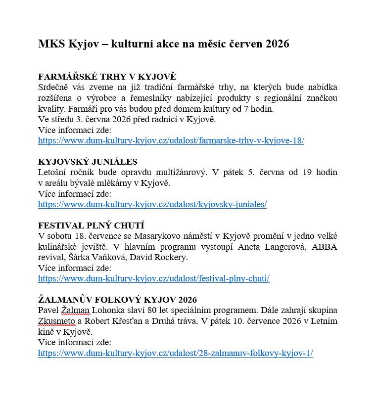 MKS KYJOV - KULTURNÍ AKCE NA MĚSÍC ČERVEN 2026