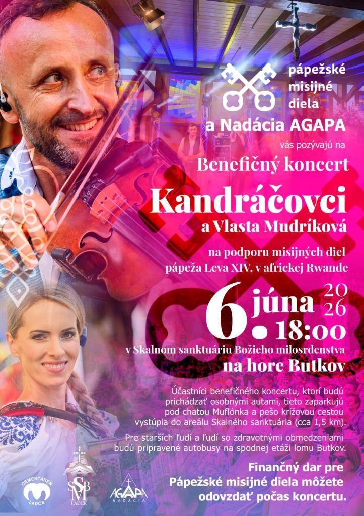 Pápežské misijné diela na Slovensku, nadácia AGAPA a Považská cementáreň v Ladcoch organizujú benefičný koncert na podporu misijných diel pápeža Leva XIV. v africkej Rwande. Podujatie sa uskutoční v sobotu 6. júna 2026 o 18.00 hodine v Skalnom sanktuáriu Božieho milosrdenstva na hore Butkov.