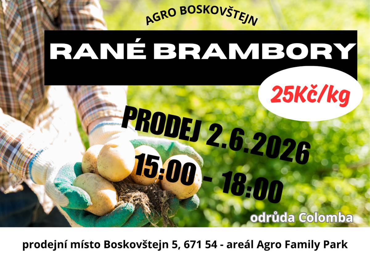 V úterý 2.6.2026 prodej raných brambor od 15-18 hodin v areálu Agro Family Park Boskoštejn 5
