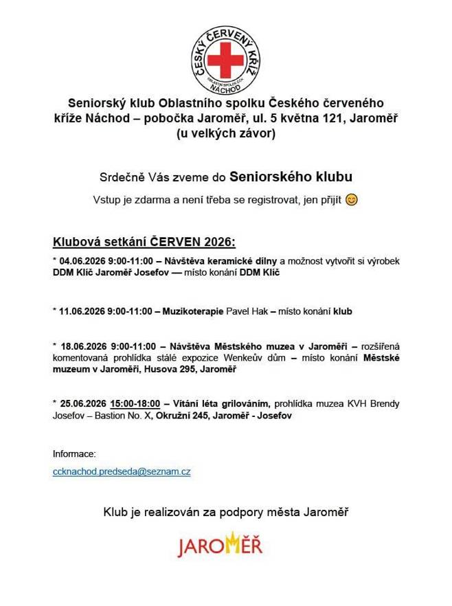 Seniorský klub Oblastního spolku Českého červeného kříže Vás srdečně zve na série klubových setkání. Vstup je zdarma.