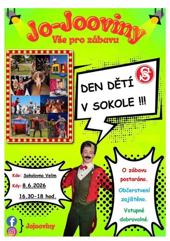V pondělí 8. června 2026 od 16:30 do 18:00 se v Sokolovně Velim uskuteční dětské odpoledne se skupinou Jo-Jooviny. Pro děti bude připraven zábavný program a občerstvení. Akce je určena pro všechny děti a rodiče, kteří se chtějí bavit a strávit společný čas.