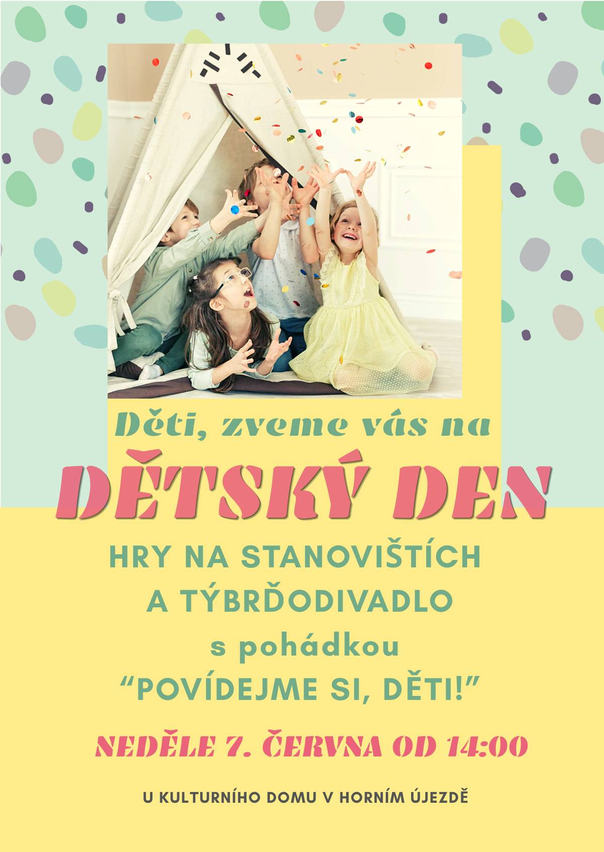 Zveme všechny děti na oslavu dětského dne, která se bude konat v neděli 7. června 2026 od 14:00 u kulturního domu v Horním Újezdě. Čekají na vás hry na stanovištích a pohádka 'Povídejme si, děti!'.