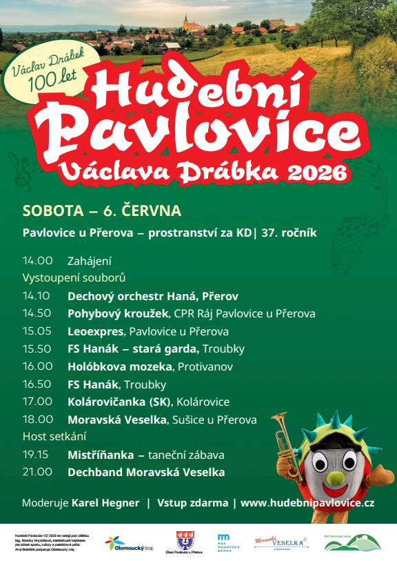 Obec Pavlovice Vás zve na 37. ročník Hudebních Pavlovic Václava Drábka 2026, které pořádají v sobotu 6. června od 14 hodin na venkovním prostranství za kulturním domem.