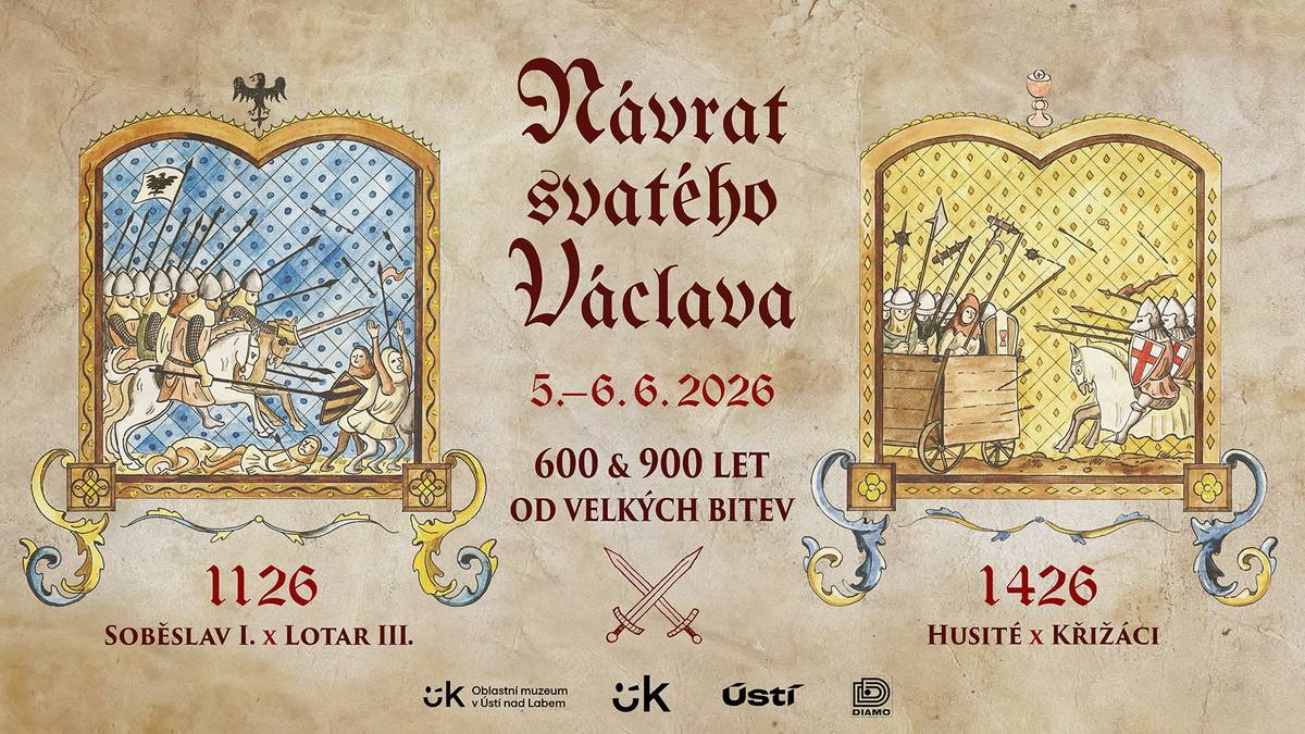 Přijďte si užít středověký festival, připomínající kulatá výročí dvou významných bitev, které se odehrály kousek od Ústí na Labem – 900 let od Bitvy u Chlumce, která se odehrála 18. 2. 1126 a 600 let od Bitvy u Ústí nad Labem (Bitva na Běhání) 16. 6. 1426. Můžete se těšit na dva historické tábory, historické stánky, program s ukázkami dobového vojenství, hudební doprovod, dětské programy a mnoho dalšího. Vrcholem středověkého festivalu budou dvě rekonstrukce bitev, každá z jednoho historického období. 6. 6. 2026 / 11–22 h / Jezero Milada Program: 10.30 Otevření středověkého tábora 11.00 Oficiální zahájení 11.30 Loutkové představení 12.00 Rytířský turnaj 13.00 Bitva 1126 14.00 Přednáška kata 14.30 Dětská bitva 15.00 Kapela Asonance 16.00 Sokolníci Falconia 17.00 Bitva 1426 18.00 Závěrečný ceremoniál 19.00 Kapela Klíč 21.00 Ohnivé představení 22.00 ukončení programu Vstup je volný. Kyvadlová doprava Divadlo–Milada–Divadlo je zajištěna zdarma. Více informací zde.