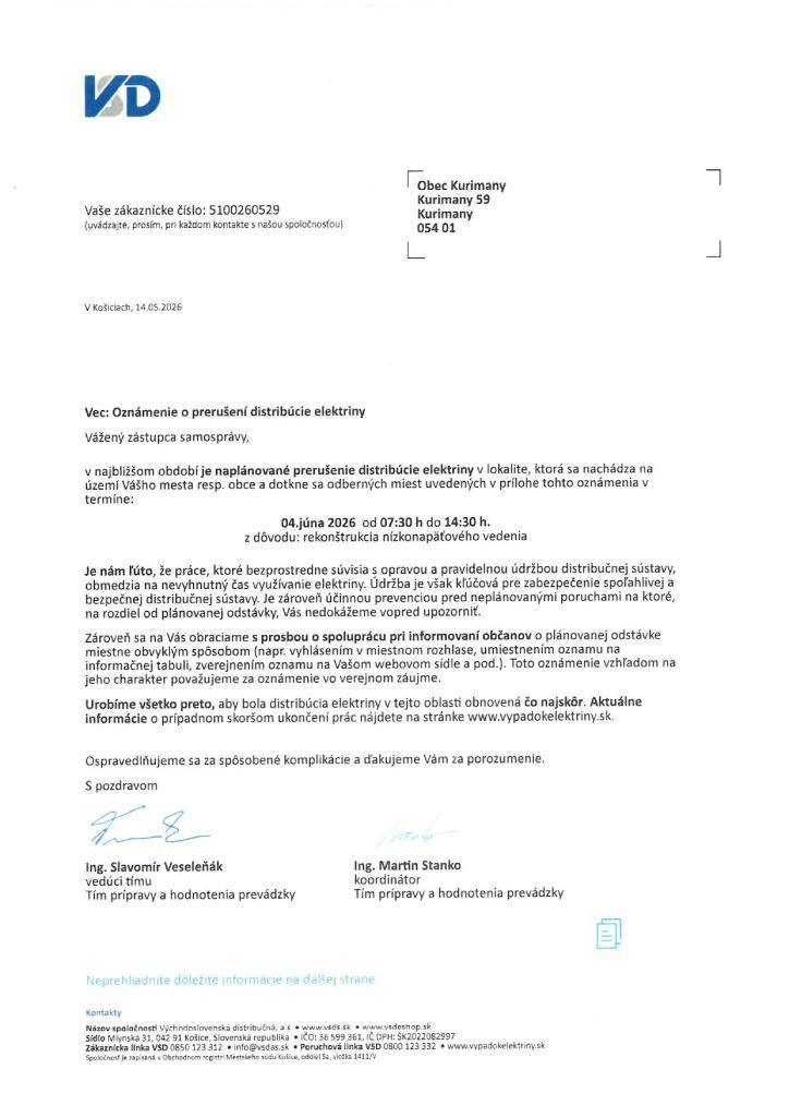 prerušenie dodávky elektriny v obci Kurimany dňa 04.06.2026 od 7:30 hod do 14:30 hod