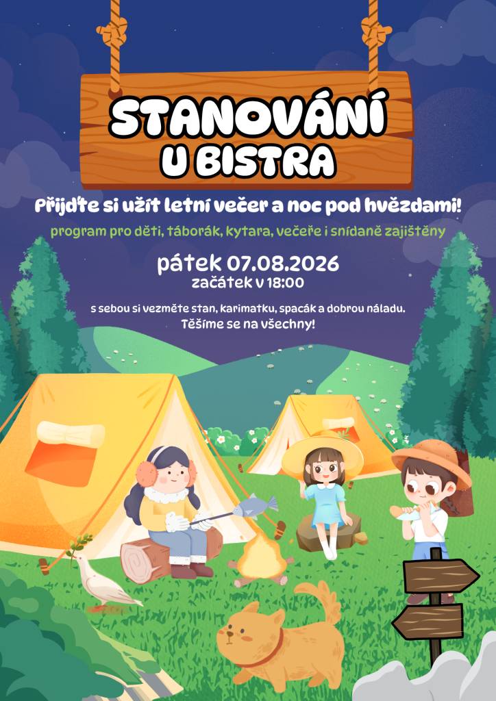 Letní večer u táboráku, kytara, program pro děti, přespání ve stanech a zajištěná večeře i snídaně. Více info na přiloženém plakátu.    ???? 7. 8. 2026 | ???? 18:00 | ???? Bistro U Orlice, Křečhoř
