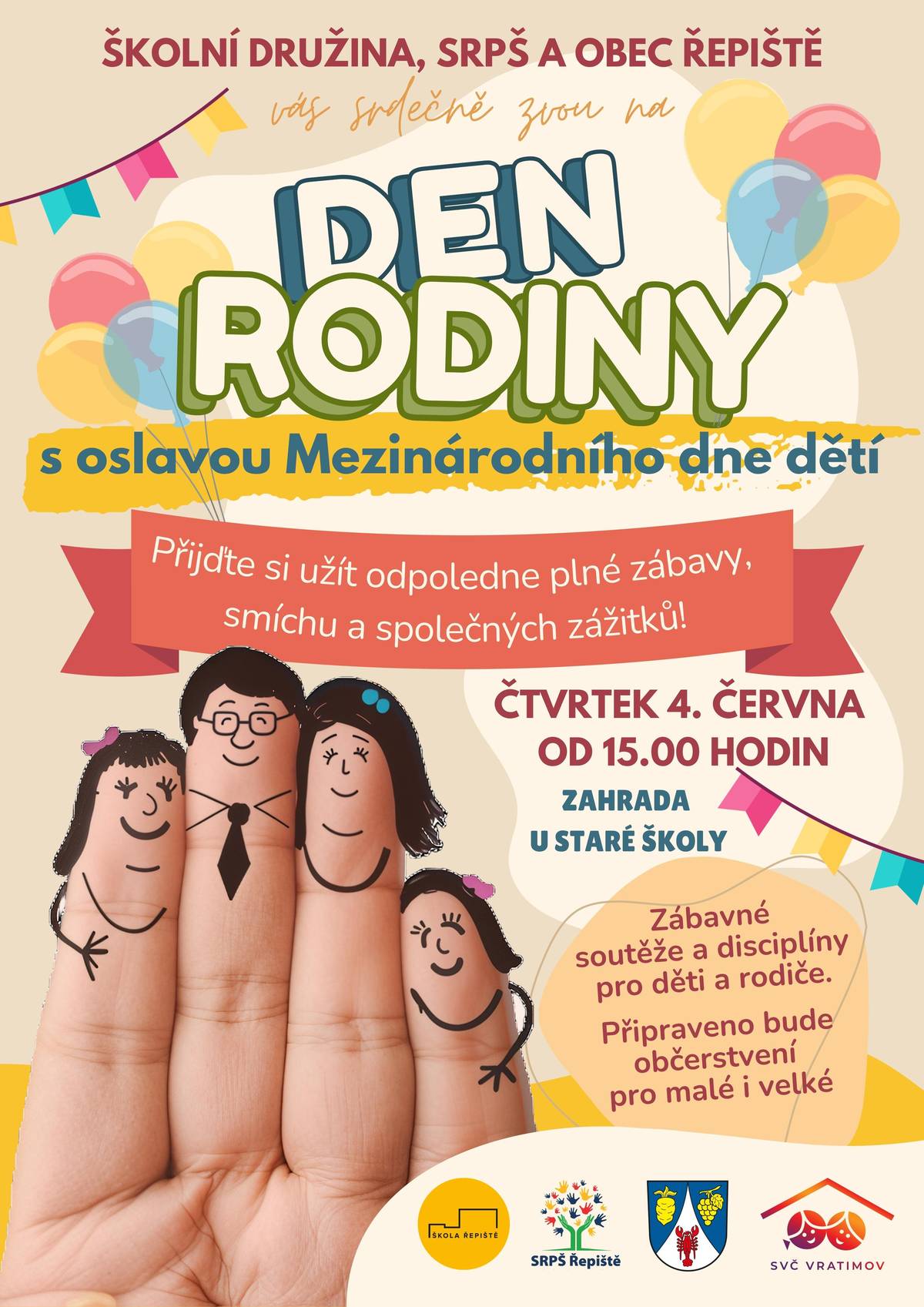 Školní družina Základní Škola Řepiště, SRPŠ Řepiště, Středisko volného času Vratimov a obec Řepiště Vás srdečně zvou na tradiční Den rodiny spojený s oslavou Mezinárodního dne dětí. Přijďte si užít příjemné odpoledne plné zábavy, smíchu a společných zážitků pro malé i velké. Těšit se můžete na pestrý program plný soutěží, her a zábavných disciplín pro děti i jejich rodiče. Připraveno bude také občerstvení a chybět nebudou ani zajímavé aktivity, které si pro návštěvníky připraví SVČ Vratimov. 📅 Ve čtvrtek 4. června od 15.00 hodin 📍 na travnaté ploše u staré Základní školy v Řepištích (u kostela) Přijďte s celou rodinou strávit pohodové odpoledne a oslavit společně svátek dětí i rodinné pohody. Těšíme se na vás! 😊
