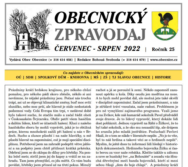 Obecnický zpravodaj Červenec – srpen 2022