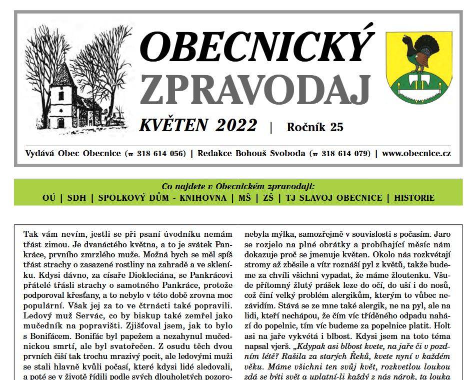 Obecnický zpravodaj – Květen 2022