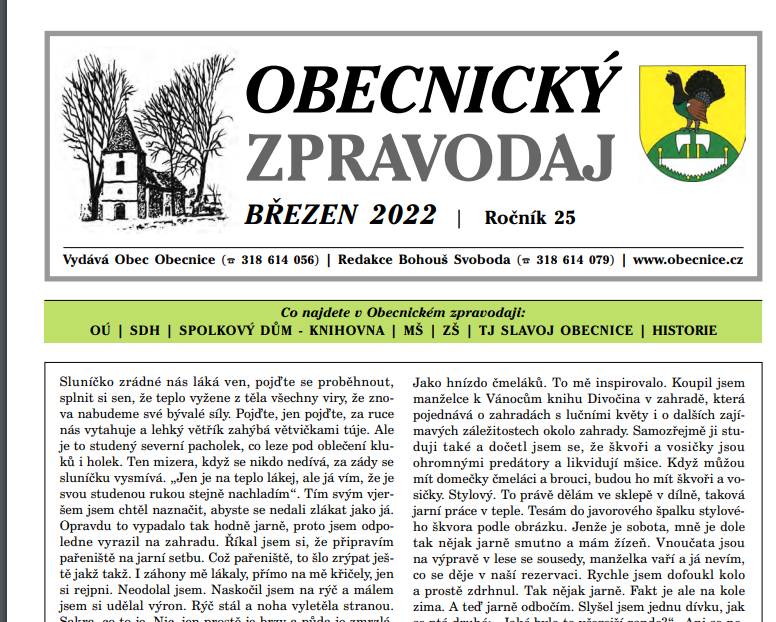 Obecnický zpravodaj – Březen 2022